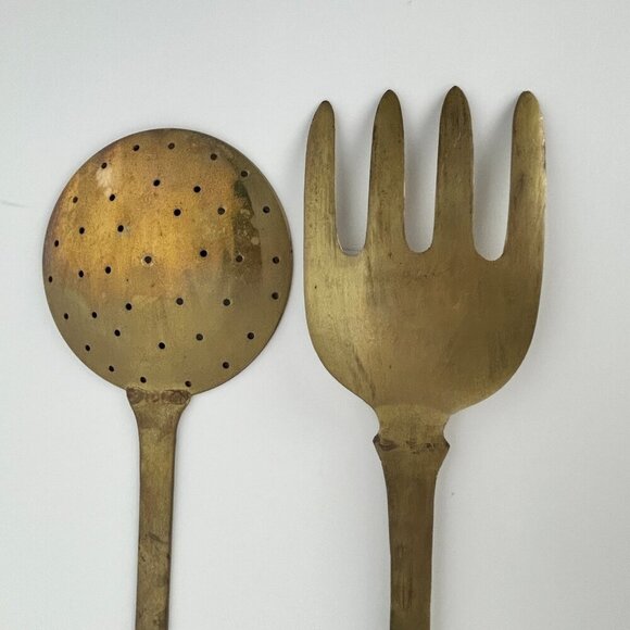 Italian Vintage Brass Hanging Fork and Strainer Spoon Cooking Utensils 16" Decor - Picture 11 of 14